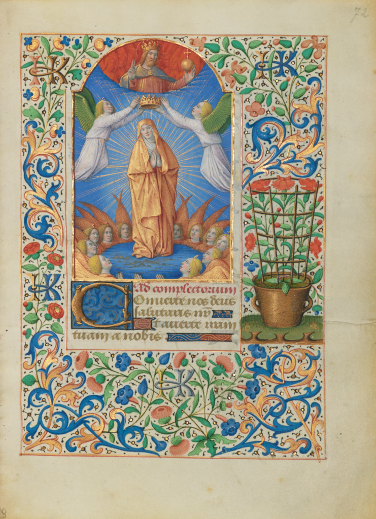 The Coronation of the Virgin; Jean Bourdichon (French, 1457 - 1521, active Tours, France, early 1480s - 1521); Tours, France; about 1480 - 1485; Tempera colors, gold, and ink on parchment; Leaf: 16.4 x 11.6 cm (6 7/16 x 4 9/16 in.); Ms. 6, fol. 72 No description of this image is available.