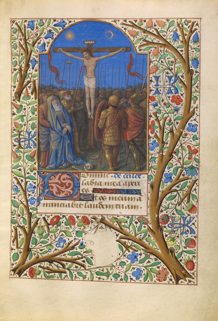 The Crucifixion; Jean Bourdichon (French, 1457 - 1521); about 1480–1485; Tempera colors, gold, and ink on parchment; Leaf: 16.4 × 11.6 cm (6 7/16 × 4 9/16 in.); Ms. 6 (84.ML.746), fol. 77; Rights Statement: No Copyright - United States The Crucifixion; Jean Bourdichon (French, 1457 - 1521); about 1480–1485; Tempera colors, gold, and ink on parchment; Leaf: 16.4 × 11.6 cm (6 7/16 × 4 9/16 in.); Ms. 6 (84.ML.746), fol. 77; Rights Statement: No Copyright - United States