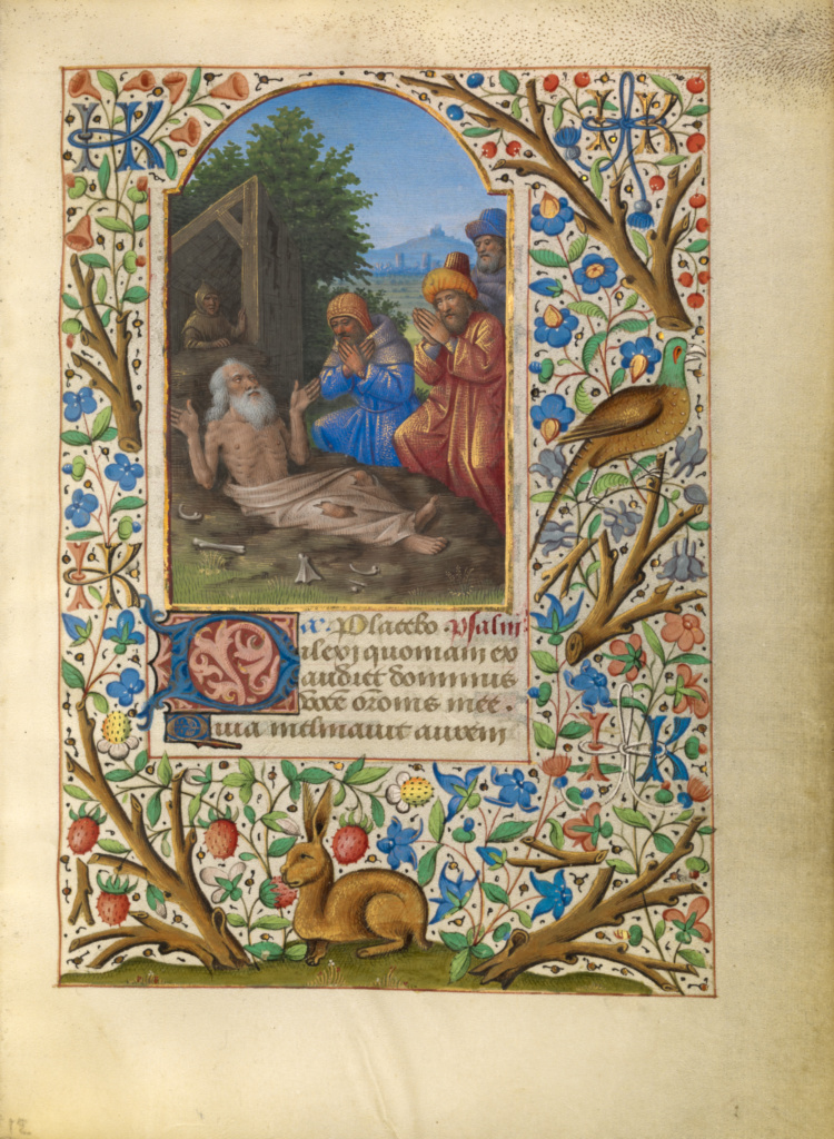 Job on the Dung Heap; Jean Bourdichon (French, 1457 - 1521); Tours, France; about 1480 - 1485; Tempera colors, gold, and ink on parchment; Leaf: 16.4 × 11.6 cm (6 7/16 × 4 9/16 in.); Ms. 6, fol. 96 No description of this image is available.