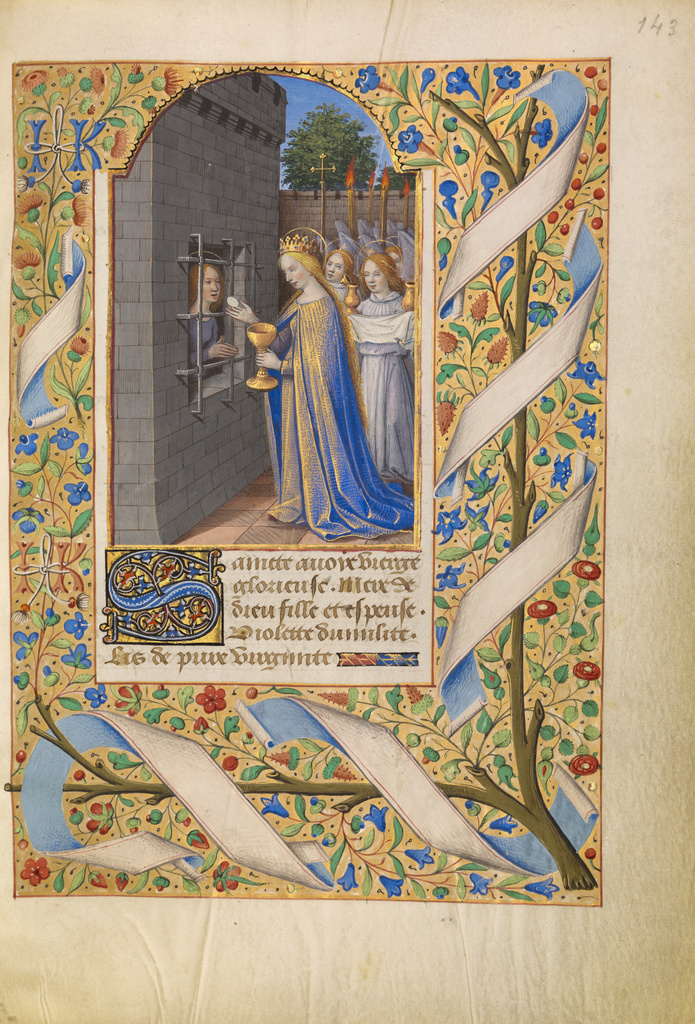 Saint Avia in Prison Receiving Communion from the Virgin; Jean Bourdichon (French, 1457 - 1521); Tours, France; about 1480 - 1485; Tempera colors, gold, and ink on parchment; Leaf: 16.4 x 11.6 cm (6 7/16 x 4 9/16 in.); Ms. 6, fol. 143 No description of this image is available.