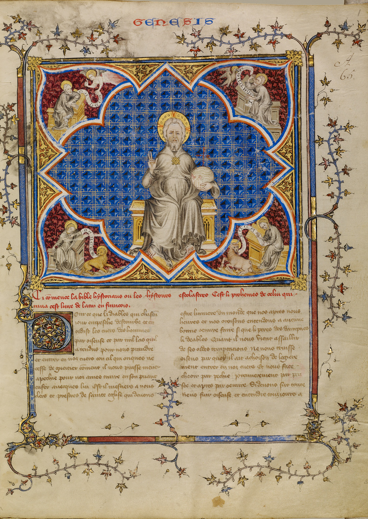 Christ in Majesty and the Four Evangelists with their Symbols; Master of Jean de Mandeville (French, active 1350 - 1370); Paris, France; about 1360 - 1370; Tempera colors, gold, and ink on parchment; Leaf: 34.9 x 26 cm (13 3/4 x 10 1/4 in.); Ms. 1, v1, fol. 1 No description of this image is available.