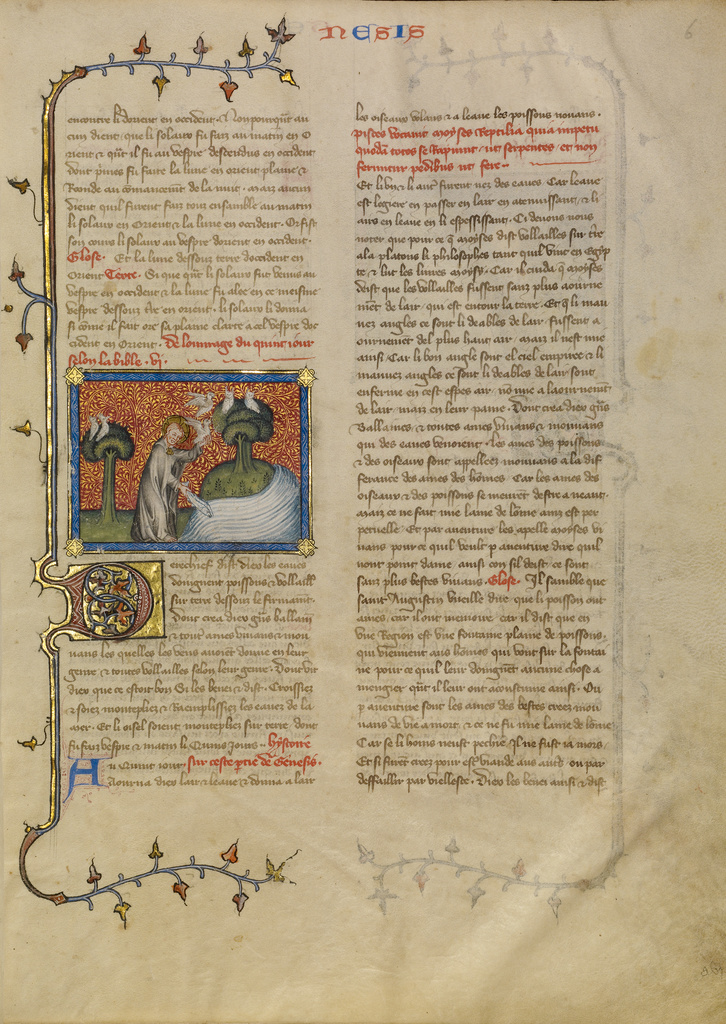The Creation of Birds and Fishes; Master of Jean de Mandeville (French, active 1350 - 1370); Paris, France; about 1360 - 1370; Tempera colors, gold, and ink on parchment; Leaf: 34.9 x 26 cm (13 3/4 x 10 1/4 in.); Ms. 1, v1, fol. 6 No description of this image is available.
