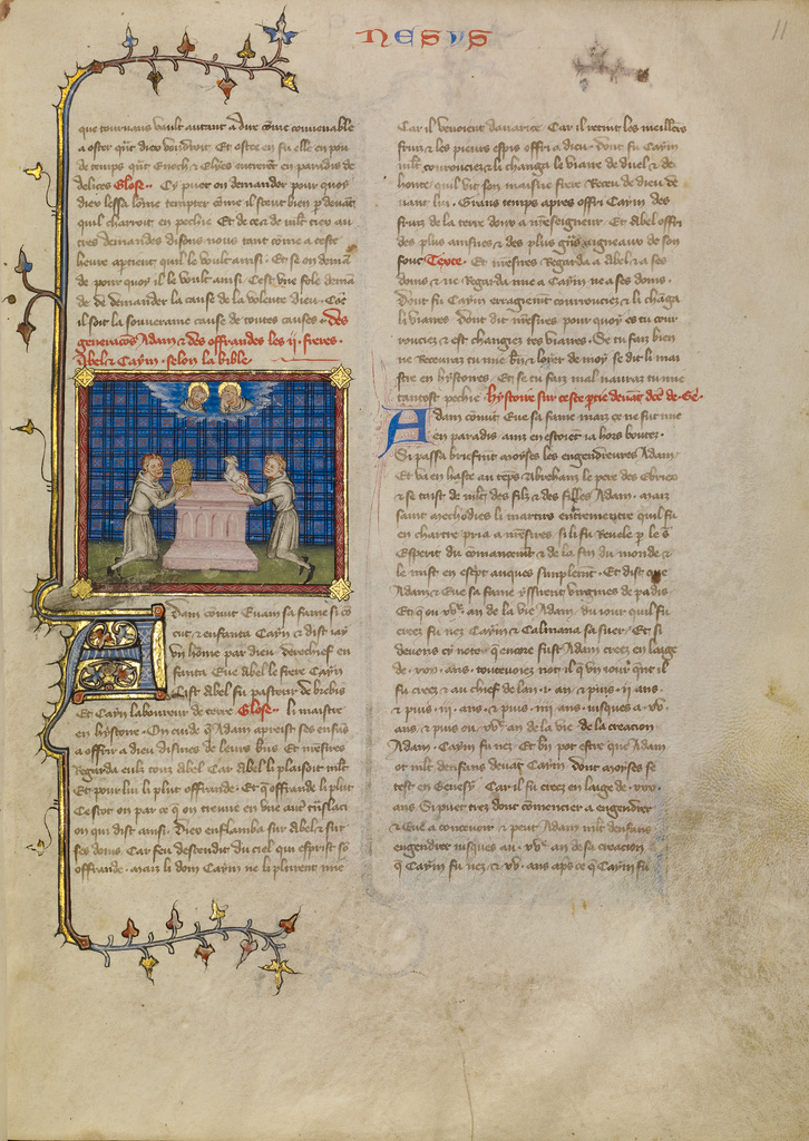 Cain and Abel Offering Gifts; Master of Jean de Mandeville (French, active 1350 - 1370); Paris, France; about 1360 - 1370; Tempera colors, gold, and ink on parchment; Leaf: 34.9 x 26 cm (13 3/4 x 10 1/4 in.); Ms. 1, v1, fol. 11 No description of this image is available.