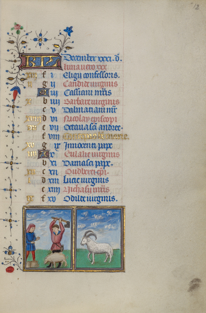 Calendar Page for December; Slaughtering a Pig; Capricorn (Getty Museum)