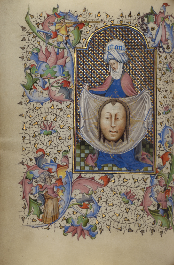Saint Veronica Displaying the Sudarium; Master of Guillebert de Mets (Flemish, active about 1410 - 1450); about 1450–1455; Tempera colors, gold leaf, and ink on parchment; Leaf: 19.4 × 14 cm (7 5/8 × 5 1/2 in.); Ms. 2 (84.ML.67), fol. 13v; Rights Statement: No Copyright - United States Saint Veronica Displaying the Sudarium; Master of Guillebert de Mets (Flemish, active about 1410 - 1450); about 1450–1455; Tempera colors, gold leaf, and ink on parchment; Leaf: 19.4 × 14 cm (7 5/8 × 5 1/2 in.); Ms. 2 (84.ML.67), fol. 13v; Rights Statement: No Copyright - United States