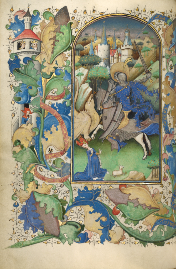 Saint George and the Dragon; Master of Guillebert de Mets (Flemish, active about 1410 - 1450); Ghent (probably), Belgium; about 1450 - 1455; Tempera colors, gold leaf, and ink on parchment; Leaf: 19.4 x 14 cm (7 5/8 x 5 1/2 in.); Ms. 2, fol. 18v No description of this image is available.