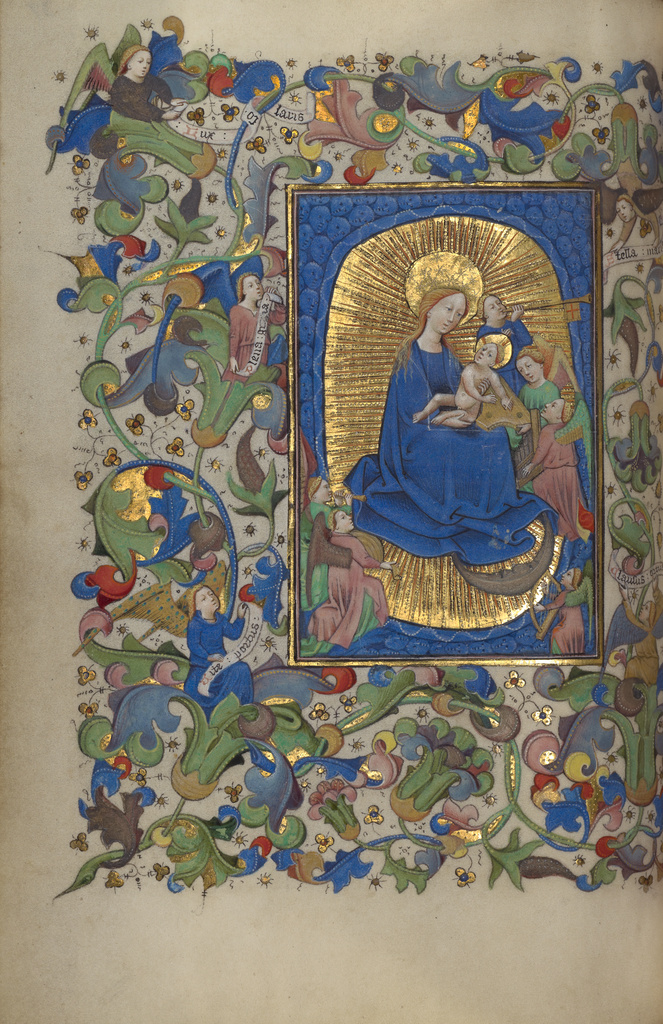 The Virgin and Child with Angels; Master of Guillebert de Mets (Flemish, active about 1410 - 1450); Ghent (probably), Belgium, Europe; about 1450 - 1455; Tempera colors, gold leaf, and ink on parchment; Leaf: 19.4 × 14 cm (7 5/8 × 5 1/2 in.); Ms. 2, fol. 37v No description of this image is available.