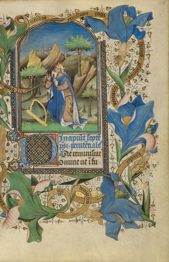 David in Prayer; Master of Guillebert de Mets (Flemish, active about 1410 - 1450); Ghent (probably), Belgium; about 1450 - 1455; Tempera colors, gold leaf, and ink on parchment; Leaf: 19.4 x 14 cm (7 5/8 x 5 1/2 in.); Ms. 2, fol. 128 No description of this image is available.