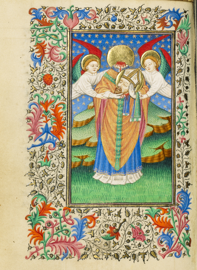 Saint Denis Holding His Head; Master of Sir John Fastolf (French, active before about 1420 - about 1450); or England, Europe; about 1430 - 1440; Tempera colors, gold leaf, and ink on parchment; Leaf: 12.1 × 9.2 cm (4 3/4 × 3 5/8 in.); Ms. 5, fol. 35v No description of this image is available.