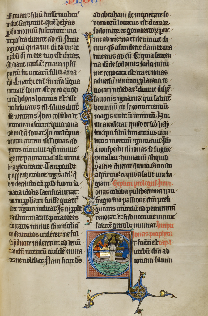 Initial E: Jonah Cast into the Sea; Unknown; Lille (probably), France, Europe; about 1270; Tempera colors, black ink, and gold leaf on parchment; Leaf: 47 × 32.2 cm (18 1/2 × 12 11/16 in.); Ms. Ludwig I 8, v2, fol. 181 No description of this image is available.