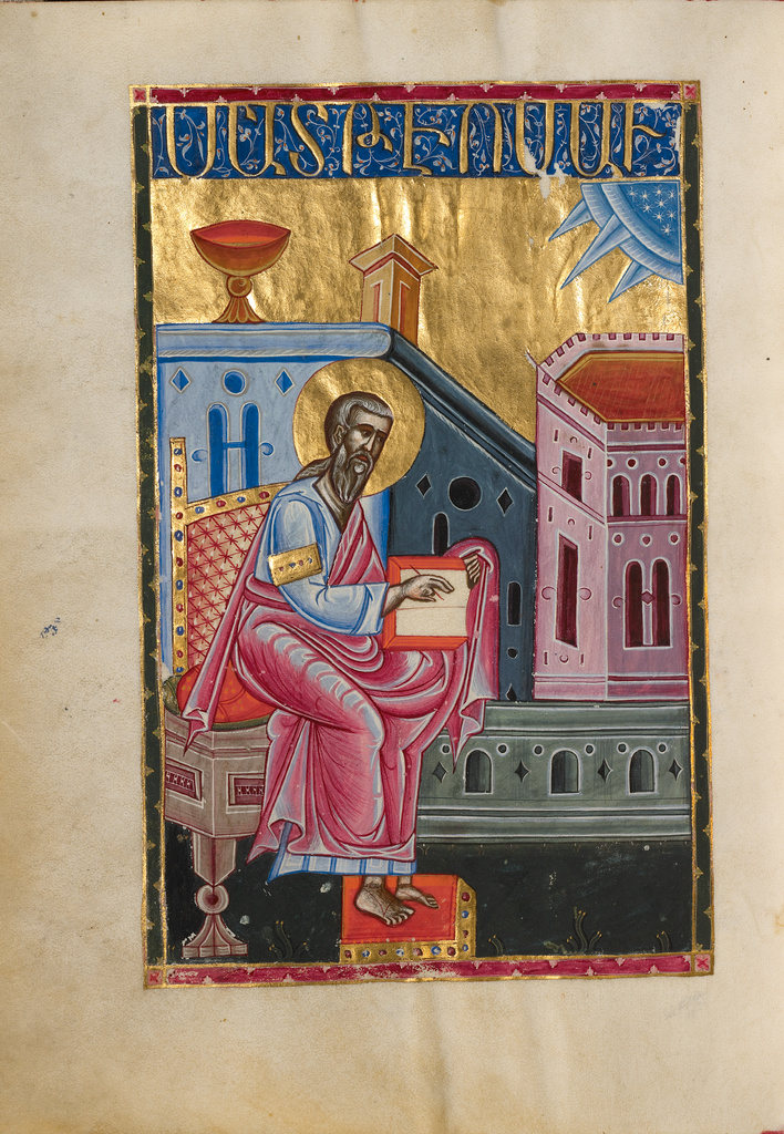 Saint Matthew; Malnazar (Armenian, active about 1630s), and Aghap'ir (Armenian, active about 1630s); Isfahan, Persia; 1637 - 1638; Tempera colors, gold paint, and gold leaf on parchment; Leaf: 25.2 x 18.3 cm (9 15/16 x 7 3/16 in.); Ms. Ludwig I 14, fol. 495v No description of this image is available.