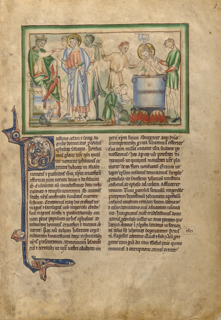 Emperor Domitian Speaking to Saint John the Evangelist and Saint John the Evangelist in a Vat of Boiling Oil; Unknown; London (probably), England, Europe; about 1255 - 1260; Tempera colors, gold leaf, colored washes, pen and ink on parchment; Leaf: 31.9 × 22.5 cm (12 9/16 × 8 7/8 in.); Ms. Ludwig III 1, fol. 1 No description of this image is available.