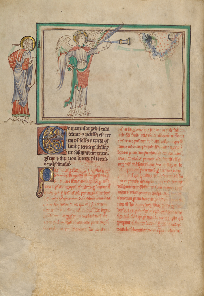 The Fourth Trumpet: The Darkening of a Third of the Celestial Bodies; Unknown; London (probably), England; about 1255 - 1260; Tempera colors, gold leaf, colored washes, pen and ink on parchment; Leaf: 31.9 x 22.5 cm (12 9/16 x 8 7/8 in.); Ms. Ludwig III 1, fol. 12v No description of this image is available.