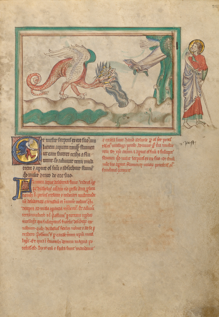 The Dragon Hurls Water after the Woman Clothed in the Sun; Unknown; London (probably), England; about 1255 - 1260; Tempera colors, gold leaf, colored washes, pen and ink on parchment; Leaf: 31.9 x 22.5 cm (12 9/16 x 8 7/8 in.); Ms. Ludwig III 1, fol. 22 No description of this image is available.