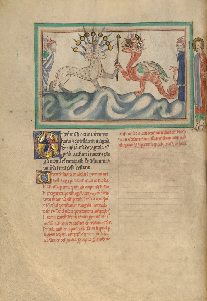 The Dragon Giving the Sceptor of Power to the Beast from the Sea; Unknown; about 1255–1260; Tempera colors, gold leaf, colored washes, pen and ink on parchment; Leaf: 31.9 × 22.5 cm (12 9/16 × 8 7/8 in.); Ms. Ludwig III 1 (83.MC.72), fol. 23v; Rights Statement: No Copyright - United States The Dragon Giving the Sceptor of Power to the Beast from the Sea; Unknown; about 1255–1260; Tempera colors, gold leaf, colored washes, pen and ink on parchment; Leaf: 31.9 × 22.5 cm (12 9/16 × 8 7/8 in.); Ms. Ludwig III 1 (83.MC.72), fol. 23v; Rights Statement: No Copyright - United States