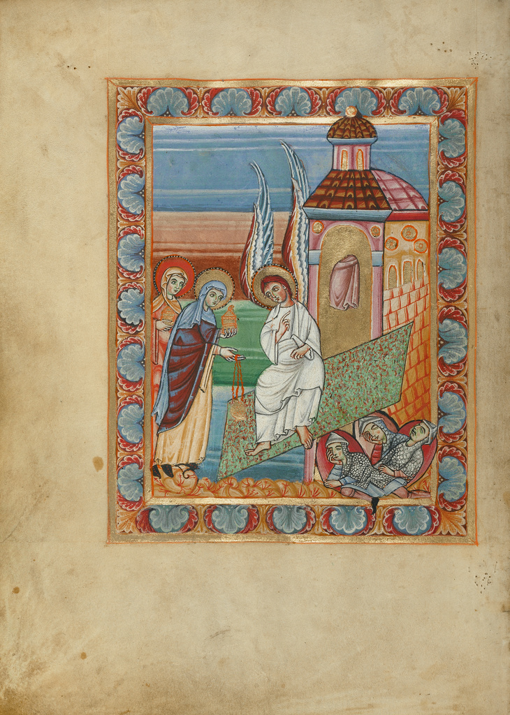 The Women at the Tomb; Unknown; Fulda, Germany; about 1025 - 1050; Tempera colors and gold on parchment; Ms. Ludwig V 2, fol. 19v No description of this image is available.