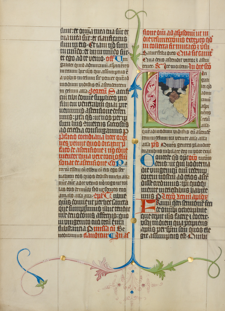 Initial V: The Ascension; Master Michael (Austrian, active about 1420 until the mid-15th century); Vienna, Austria; about 1420 - 1430; Tempera colors, gold leaf, and ink on parchment; Leaf: 41.9 x 31 cm (16 1/2 x 12 3/16 in.); Ms. Ludwig V 6, fol. 125v No description of this image is available.