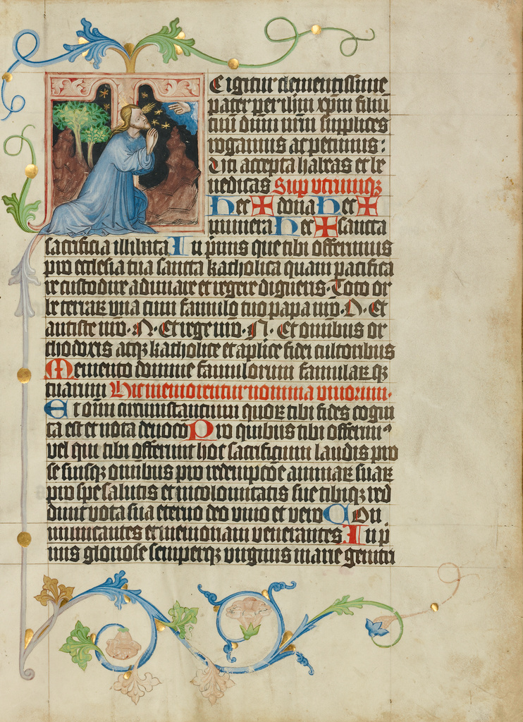 Initial T: The Agony in the Garden; Master Michael (Austrian, active about 1420 until the mid-15th century); Vienna, Austria; about 1420 - 1430; Tempera colors, gold leaf, and ink on parchment; Leaf: 41.9 x 31 cm (16 1/2 x 12 3/16 in.); Ms. Ludwig V 6, fol. 148 No description of this image is available.