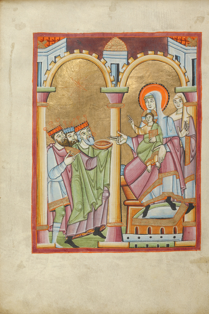 The Adoration of the Magi; Unknown; about 1030–1040; Tempera colors, gold leaf, and ink on parchment; Leaf: 23.2 × 16 cm (9 1/8 × 6 5/16 in.); Ms. Ludwig VII 1 (83.MI.90), fol. 25v; Rights Statement: No Copyright - United States The Adoration of the Magi; Unknown; about 1030–1040; Tempera colors, gold leaf, and ink on parchment; Leaf: 23.2 × 16 cm (9 1/8 × 6 5/16 in.); Ms. Ludwig VII 1 (83.MI.90), fol. 25v; Rights Statement: No Copyright - United States