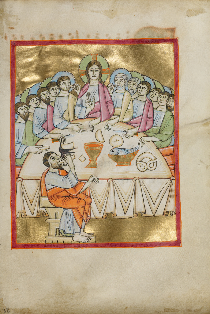 The Last Supper; Unknown; Regensburg, Bavaria, Germany, Europe; about 1030 - 1040; Tempera colors, gold leaf, and ink on parchment; Leaf: 23.2 × 16 cm (9 1/8 × 6 5/16 in.); Ms. Ludwig VII 1, fol. 38 No description of this image is available.