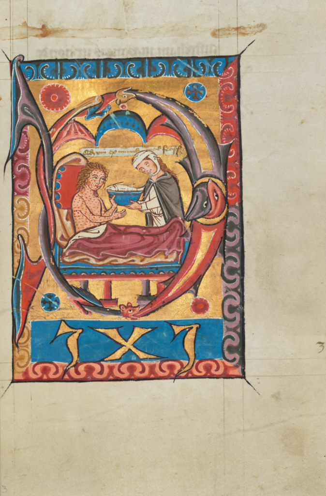 Initial D: A Woman Feeding a Leper in Bed; Unknown; Engelberg, Switzerland, Europe; about 1275–1300; Tempera colors and gold leaf on parchment; Leaf: 21.6 × 15.6 cm (8 1/2 × 6 1/8 in.); Ms. Ludwig VIII 3, fol. 43 No description of this image is available.
