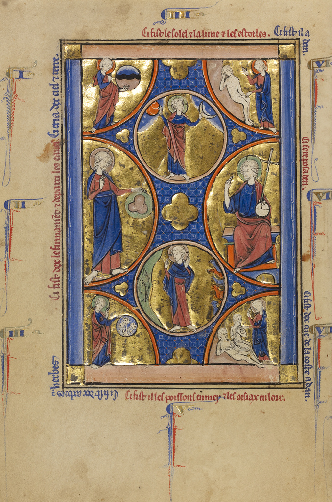 The Creation of the World; Unknown; Paris, France, Europe; about 1250 - 1260; Tempera colors, gold leaf, and ink on parchment; Leaf: 19.2 × 13.3 cm (7 9/16 × 5 1/4 in.); Ms. Ludwig VIII 4, fol. 7v No description of this image is available.