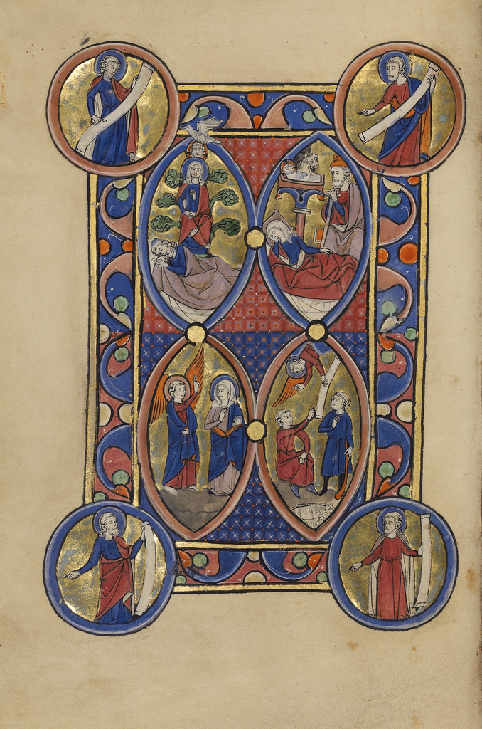 The Tree of Jesse; The Annunciation; The Nativity; The Annunciation to the Shepherds; Unknown; about 1250 - 1260; Tempera colors, gold leaf, and ink on parchment; Leaf: 19.2 × 13.3 cm (7 9/16 × 5 1/4 in.); Ms. Ludwig VIII 4 (83.MK.95), fol. 22v; Rights Statement: No Copyright - United States The Tree of Jesse; The Annunciation; The Nativity; The Annunciation to the Shepherds; Unknown; about 1250 - 1260; Tempera colors, gold leaf, and ink on parchment; Leaf: 19.2 × 13.3 cm (7 9/16 × 5 1/4 in.); Ms. Ludwig VIII 4 (83.MK.95), fol. 22v; Rights Statement: No Copyright - United States