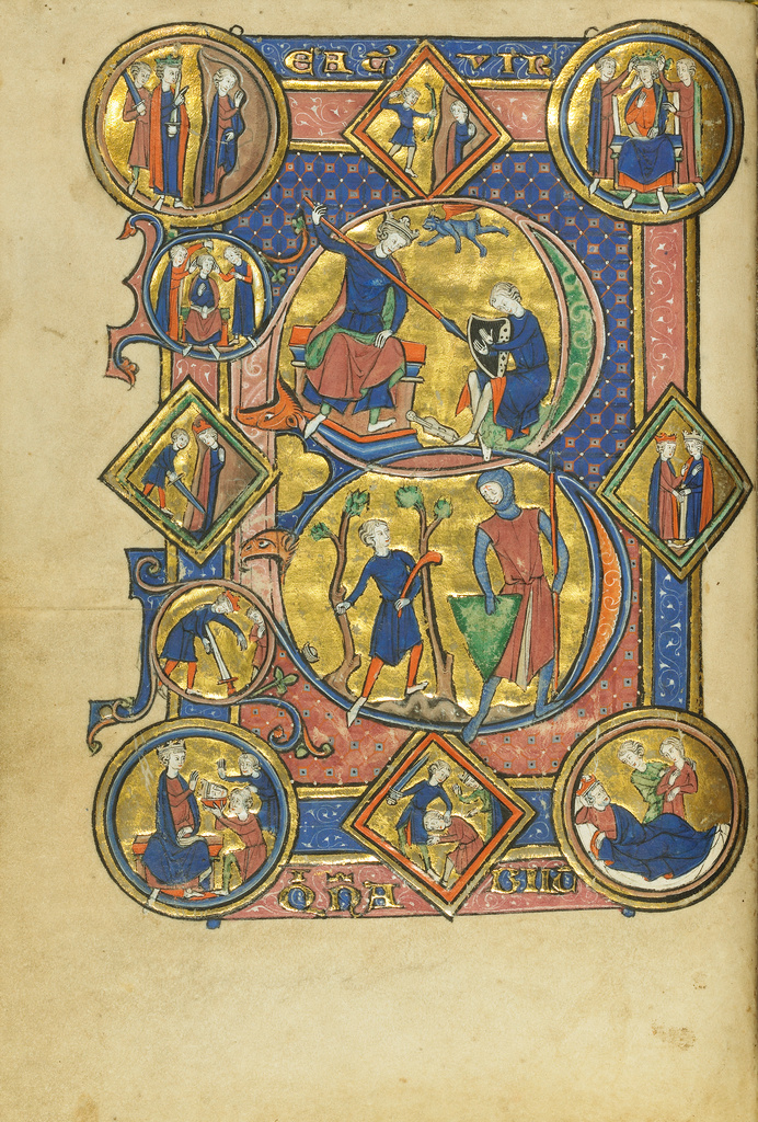 Initial B: David Playing the Harp and David and Goliath; Unknown; Paris, France; about 1250 - 1260; Tempera colors, gold leaf, and ink on parchment; Leaf: 19.2 x 13.3 cm (7 9/16 x 5 1/4 in.); Ms. Ludwig VIII 4, fol. 28v No description of this image is available.