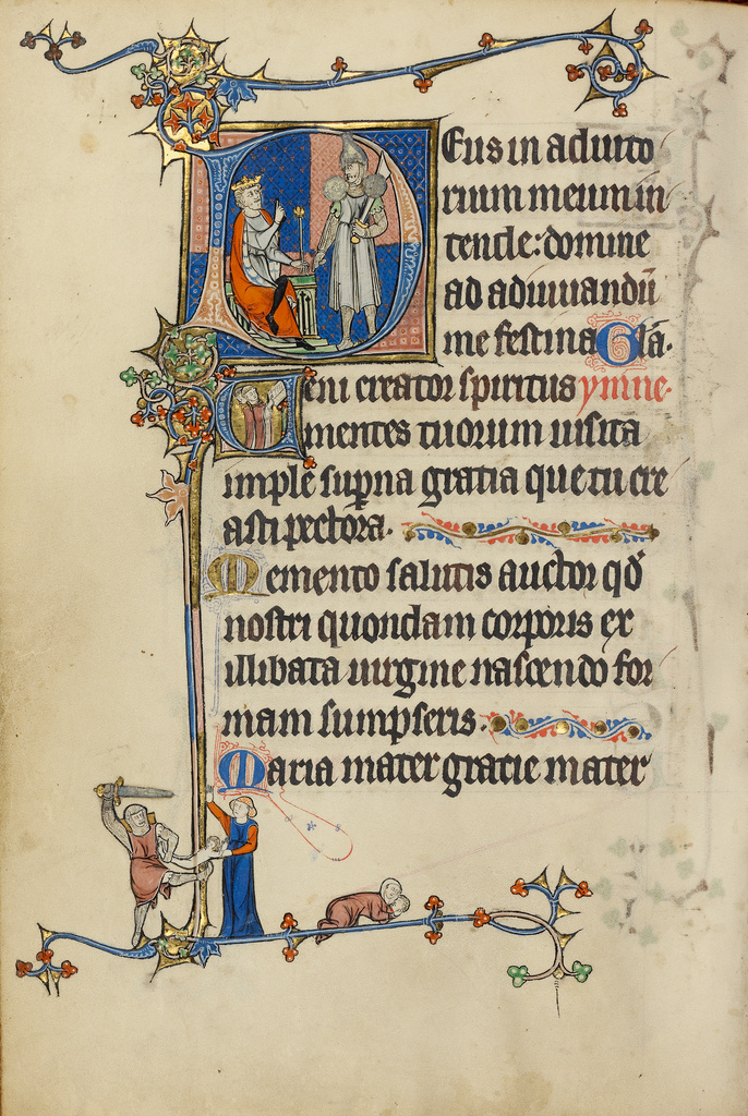 Initial D: Herod Ordering the Massacre of the Innocents; Initial V: Clerics Singing; Unknown; about 1300; Tempera colors, gold leaf, and ink on parchment; Leaf: 26.4 × 18.3 cm (10 3/8 × 7 3/16 in.); Ms. Ludwig IX 3 (83.ML.99), fol. 85v; Rights Statement: No Copyright - United States Initial D: Herod Ordering the Massacre of the Innocents; Initial V: Clerics Singing; Unknown; about 1300; Tempera colors, gold leaf, and ink on parchment; Leaf: 26.4 × 18.3 cm (10 3/8 × 7 3/16 in.); Ms. Ludwig IX 3 (83.ML.99), fol. 85v; Rights Statement: No Copyright - United States