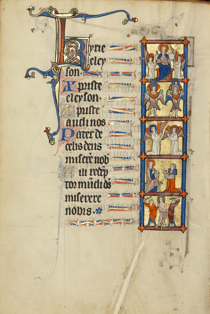 The Lord Enthroned with Angels; Two Seraphim; Two Kneeling Angels in Prayer; A Man Kneeling; The Flagellation; Unknown; Northeastern France, France; about 1300; Tempera colors, gold leaf, and ink on parchment; Leaf: 26.4 x 18.3 cm (10 3/8 x 7 3/16 in.); Ms. Ludwig IX 3, fol. 102v No description of this image is available.
