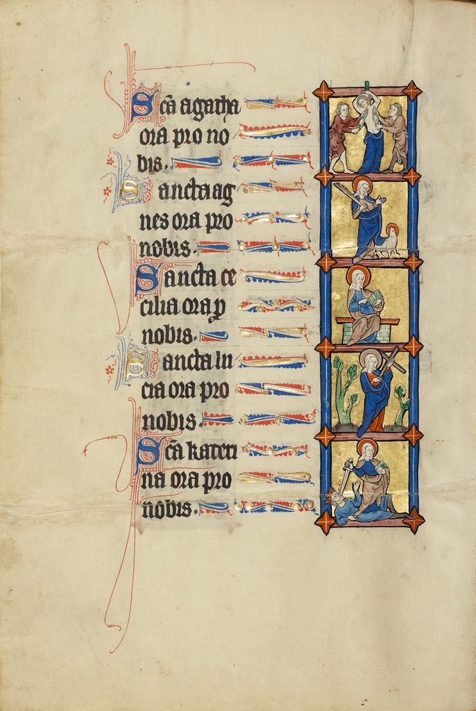 The Martyrdom of Saint Agatha; Saint Agnes; Saint Cecilia; Saint Lucy; Saint Catherine; Unknown; Northeastern France, France; about 1300; Tempera colors, gold leaf, and ink on parchment; Leaf: 26.4 x 18.3 cm (10 3/8 x 7 3/16 in.); Ms. Ludwig IX 3, fol. 105v No description of this image is available.