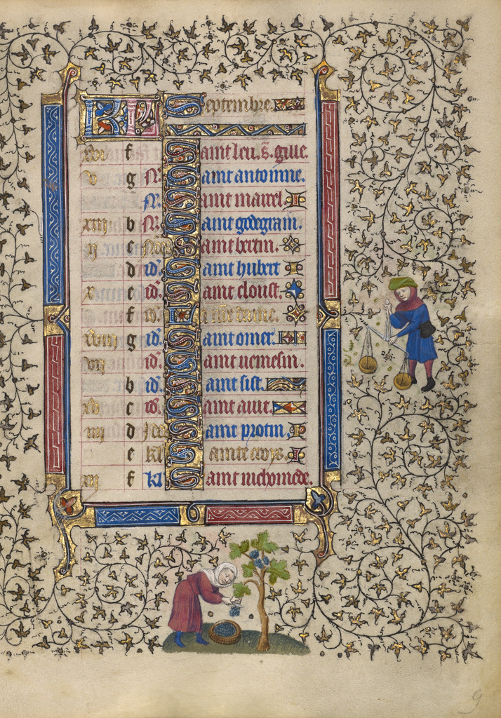 A Woman Harvesting Grapes; Zodiacal Sign of Libra; Follower of the Egerton Master (French / Netherlandish active about 1405 - 1420); Paris, France; about 1410; Tempera colors, gold leaf, gold paint, and ink on parchment; Leaf: 19.1 x 14 cm (7 1/2 x 5 1/2 in.); Ms. Ludwig IX 5, fol. 9 No description of this image is available.