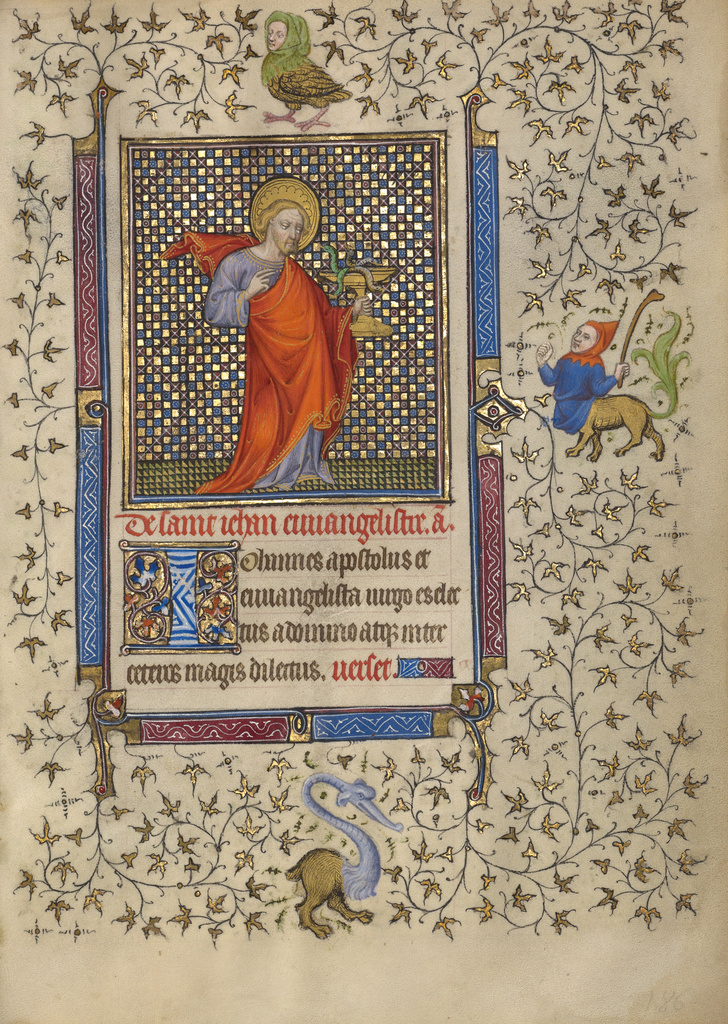 Saint John the Evangelist; Follower of the Egerton Master (French / Netherlandish active about 1405 - 1420); Paris, France; about 1410; Tempera colors, gold leaf, gold paint, and ink on parchment; Leaf: 19.1 x 14 cm (7 1/2 x 5 1/2 in.); Ms. Ludwig IX 5, fol. 186 No description of this image is available.