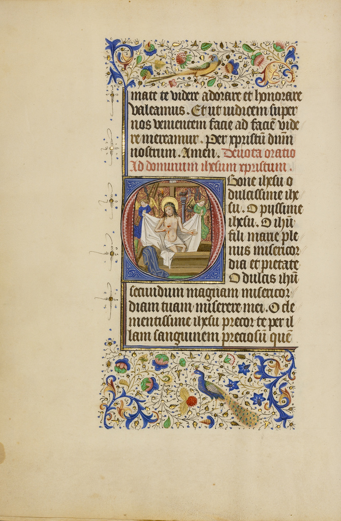 Initial O: The Man of Sorrows; Master of the Llangattock Hours (Flemish, active about 1450 - 1460); Bruges (illuminated), Belgium; 1450s; Tempera colors, gold leaf, gold paint, and ink on parchment; Leaf: 26.4 x 18.4 cm (10 3/8 x 7 1/4 in.); Ms. Ludwig IX 7, fol. 14v No description of this image is available.