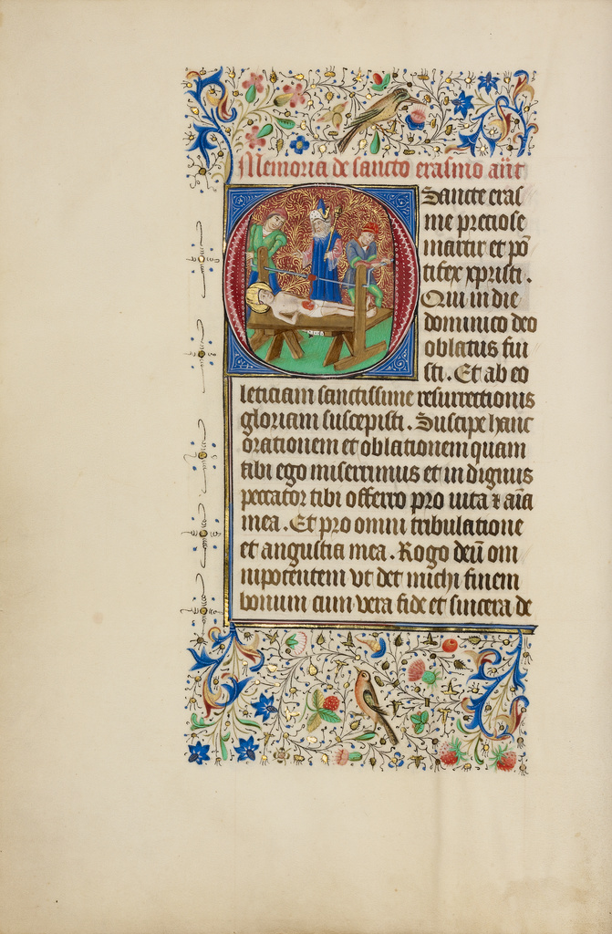 Initial O: The Martyrdom of Saint Erasmus; Master of the Llangattock Hours (Flemish, active about 1450 - 1460); Bruges (illuminated), Belgium; 1450s; Tempera colors, gold leaf, gold paint, and ink on parchment; Leaf: 26.4 x 18.4 cm (10 3/8 x 7 1/4 in.); Ms. Ludwig IX 7, fol. 18v No description of this image is available.