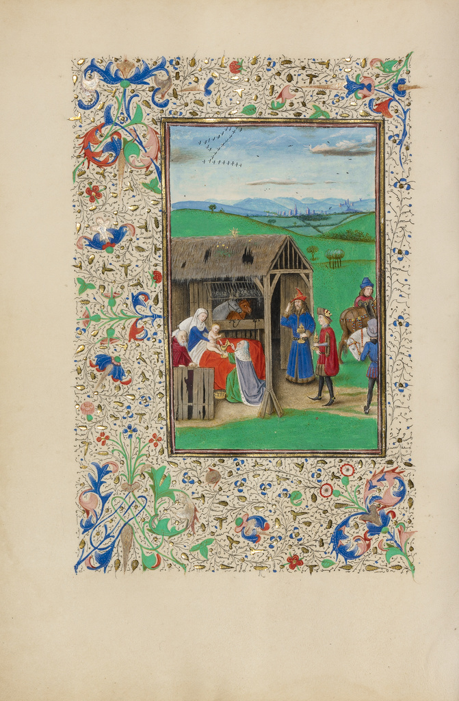 The Adoration of the Magi; Master of the Llangattock Epiphany (Flemish, active about 1450 - 1460); Ghent (bound), Belgium, Europe; 1450s; Tempera colors, gold leaf, gold paint, and ink on parchment; Leaf: 26.4 × 18.4 cm (10 3/8 × 7 1/4 in.); Ms. Ludwig IX 7, fol. 88v No description of this image is available.