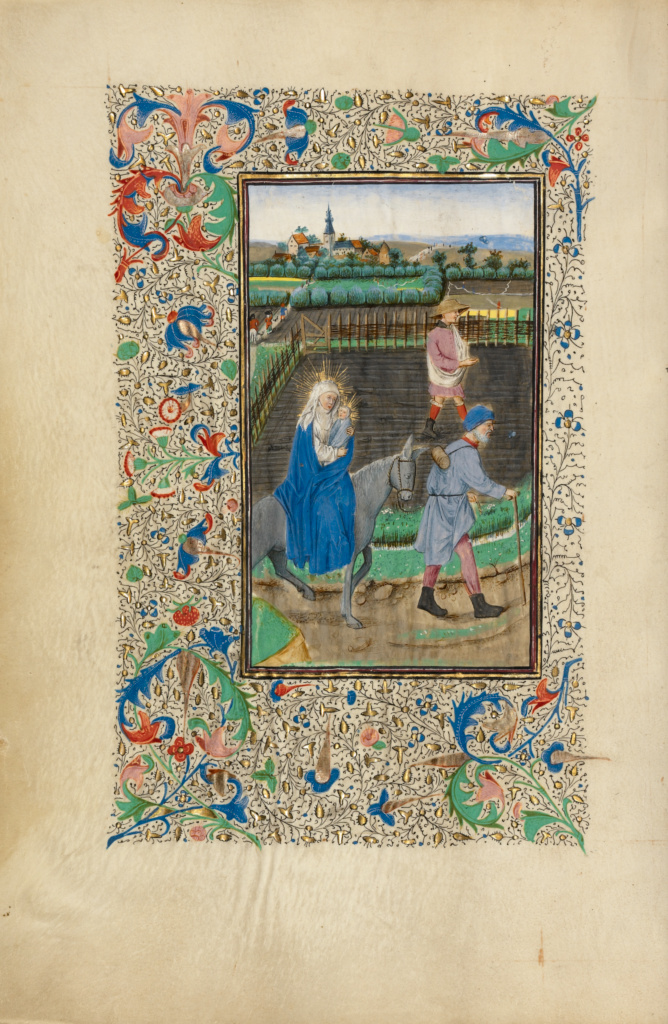 The Flight into Egypt; Master of the Llangattock Hours (Flemish, active about 1450 - 1460); Bruges (illuminated) Belgium Ghent (bound) Belgium; 1450s; Tempera colors, gold leaf, gold paint, and ink on parchment; Leaf: 26.4 x 18.4 cm (10 3/8 x 7 1/4 in.); Ms. Ludwig IX 7, fol. 103v No description of this image is available.