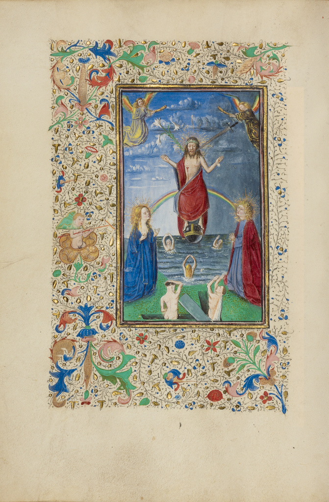 The Last Judgment; Unknown; Bruges (illuminated) Belgium Ghent (bound) Belgium; 1450s; Tempera colors, gold leaf, gold paint, and ink on parchment; Leaf: 26.4 x 18.4 cm (10 3/8 x 7 1/4 in.); Ms. Ludwig IX 7, fol. 114v No description of this image is available.