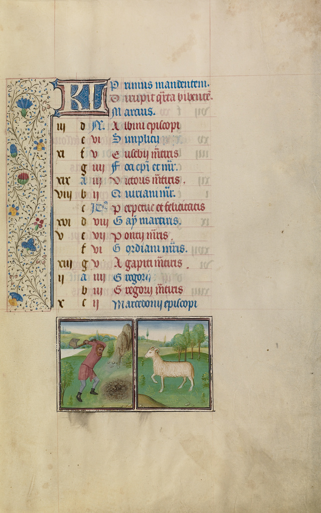 A Man Working in a Field; Zodiacal Sign of Aries; Workshop of Willem Vrelant (Flemish, died 1481, active 1454 - 1481); Bruges, Belgium; early 1460s; Tempera colors, gold leaf, and ink on parchment; Leaf: 25.6 x 17.3 cm (10 1/16 x 6 13/16 in.); Ms. Ludwig IX 8, fol. 3 No description of this image is available.