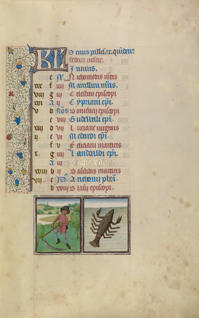 June Calendar Page; Mowing; Cancer; Workshop of Willem Vrelant (Flemish, died 1481, active 1454 - 1481); Bruges, Belgium; early 1460s; Tempera colors, gold leaf, and ink on parchment; Leaf: 25.6 × 17.3 cm (10 1/16 × 6 13/16 in.); Ms. Ludwig IX 8, fol. 6 No description of this image is available.