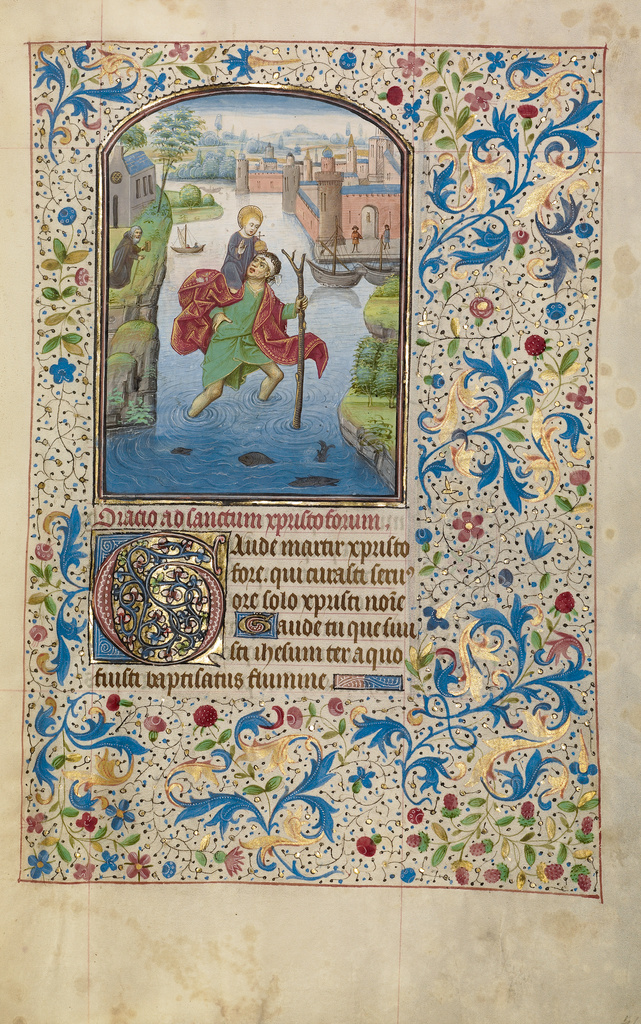 Saint Christopher Carrying the Christ Child; Willem Vrelant (Flemish, died 1481, active 1454 - 1481); Bruges, Belgium; early 1460s; Tempera colors, gold leaf, and ink on parchment; Leaf: 25.6 x 17.3 cm (10 1/16 x 6 13/16 in.); Ms. Ludwig IX 8, fol. 46 No description of this image is available.