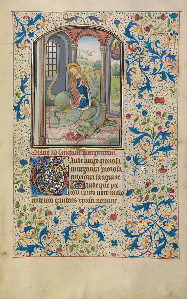 Saint Margaret; Willem Vrelant (Flemish, died 1481, active 1454 - 1481); Bruges, Belgium; early 1460s; Tempera colors, gold leaf, and ink on parchment; Leaf: 25.6 x 17.3 cm (10 1/16 x 6 13/16 in.); Ms. Ludwig IX 8, fol. 57 No description of this image is available.