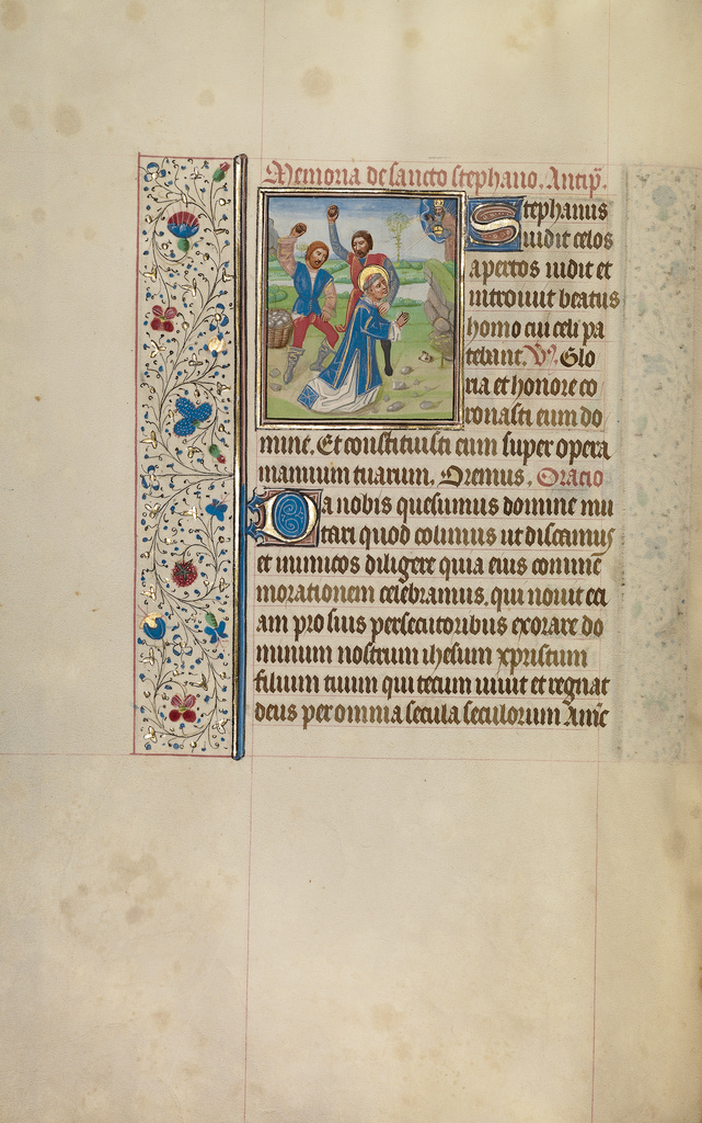 The Stoning of Saint Stephen; Workshop of Willem Vrelant (Flemish, died 1481, active 1454 - 1481); early 1460s; Tempera colors, gold leaf, and ink on parchment; Leaf: 25.6 × 17.3 cm (10 1/16 × 6 13/16 in.); Ms. Ludwig IX 8 (83.ML.104), fol. 76v; Rights Statement: No Copyright - United States The Stoning of Saint Stephen; Workshop of Willem Vrelant (Flemish, died 1481, active 1454 - 1481); early 1460s; Tempera colors, gold leaf, and ink on parchment; Leaf: 25.6 × 17.3 cm (10 1/16 × 6 13/16 in.); Ms. Ludwig IX 8 (83.ML.104), fol. 76v; Rights Statement: No Copyright - United States