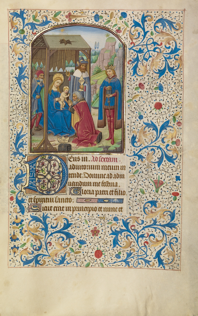 The Adoration of the Magi; Willem Vrelant (Flemish, died 1481, active 1454 - 1481); Bruges, Belgium, Europe; early 1460s; Tempera colors, gold leaf, and ink on parchment; Leaf: 25.6 × 17.3 cm (10 1/16 × 6 13/16 in.); Ms. Ludwig IX 8, fol. 96 No description of this image is available.