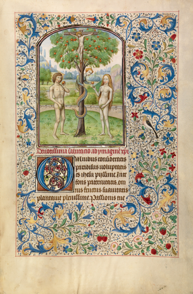 Adam and Eve Eating the Forbidden Fruit; Willem Vrelant (Flemish, died 1481, active 1454 - 1481); early 1460s; Tempera colors, gold leaf, and ink on parchment; Leaf: 25.6 × 17.3 cm (10 1/16 × 6 13/16 in.); Ms. Ludwig IX 8 (83.ML.104), fol. 137; Rights Statement: No Copyright - United States Adam and Eve Eating the Forbidden Fruit; Willem Vrelant (Flemish, died 1481, active 1454 - 1481); early 1460s; Tempera colors, gold leaf, and ink on parchment; Leaf: 25.6 × 17.3 cm (10 1/16 × 6 13/16 in.); Ms. Ludwig IX 8 (83.ML.104), fol. 137; Rights Statement: No Copyright - United States