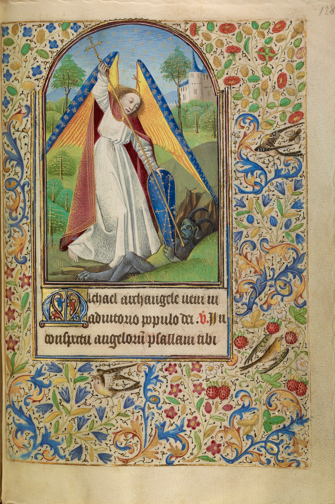 Saint Michael Battling the Devil; Master of Jacques of Luxembourg (French, active about 1460 - 1470); about 1466 - 1470; Tempera colors, gold leaf, silver leaf, and ink on parchment; Leaf: 16.4 × 11.4 cm (6 7/16 × 4 1/2 in.); Ms. Ludwig IX 11 (83.ML.107), fol. 128; Rights Statement: No Copyright - United States Saint Michael Battling the Devil; Master of Jacques of Luxembourg (French, active about 1460 - 1470); about 1466 - 1470; Tempera colors, gold leaf, silver leaf, and ink on parchment; Leaf: 16.4 × 11.4 cm (6 7/16 × 4 1/2 in.); Ms. Ludwig IX 11 (83.ML.107), fol. 128; Rights Statement: No Copyright - United States