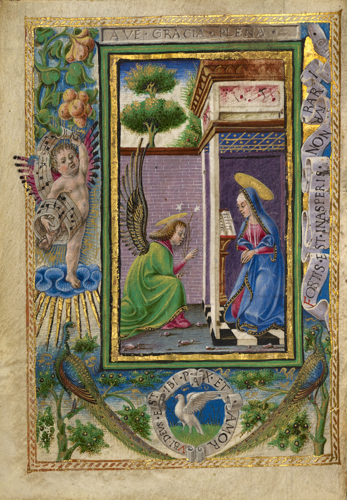 The Annunciation; Taddeo Crivelli (Italian, died about 1479, active about 1451 - 1479); Ferrara, Emilia-Romagna, Italy, Europe; about 1469; Tempera colors, gold paint, gold leaf, and ink on parchment; Leaf: 10.8 × 7.9 cm (4 1/4 × 3 1/8 in.); Ms. Ludwig IX 13, fol. 3v No description of this image is available.