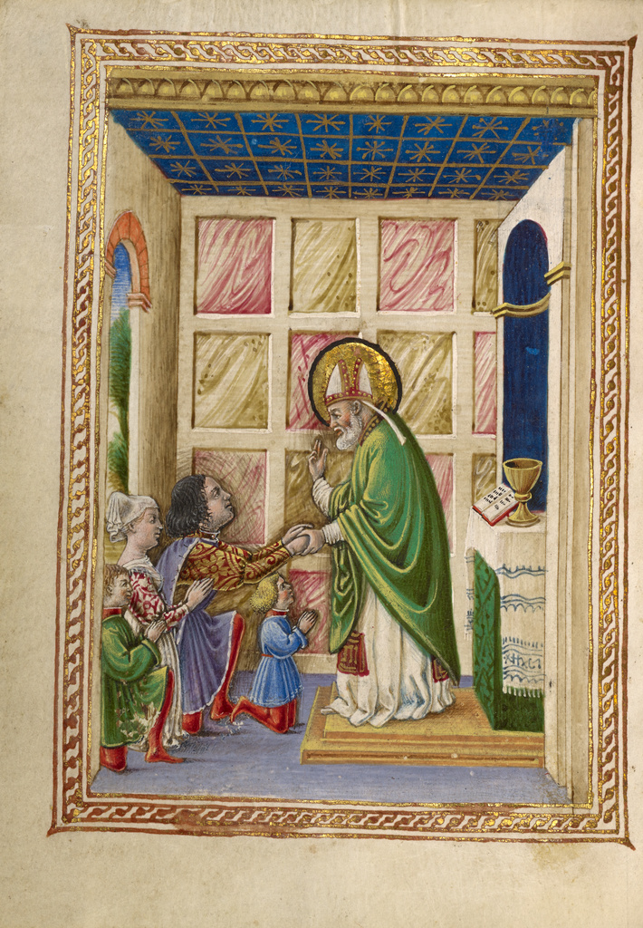 Saint Bellinus Celebrating Mass; Taddeo Crivelli (Italian, died about 1479, active about 1451 - 1479); Ferrara, Emilia-Romagna, Italy; about 1469; Tempera colors, gold paint, gold leaf, and ink on parchment; Leaf: 10.8 x 7.9 cm (4 1/4 x 3 1/8 in.); Ms. Ludwig IX 13, fol. 199v No description of this image is available.