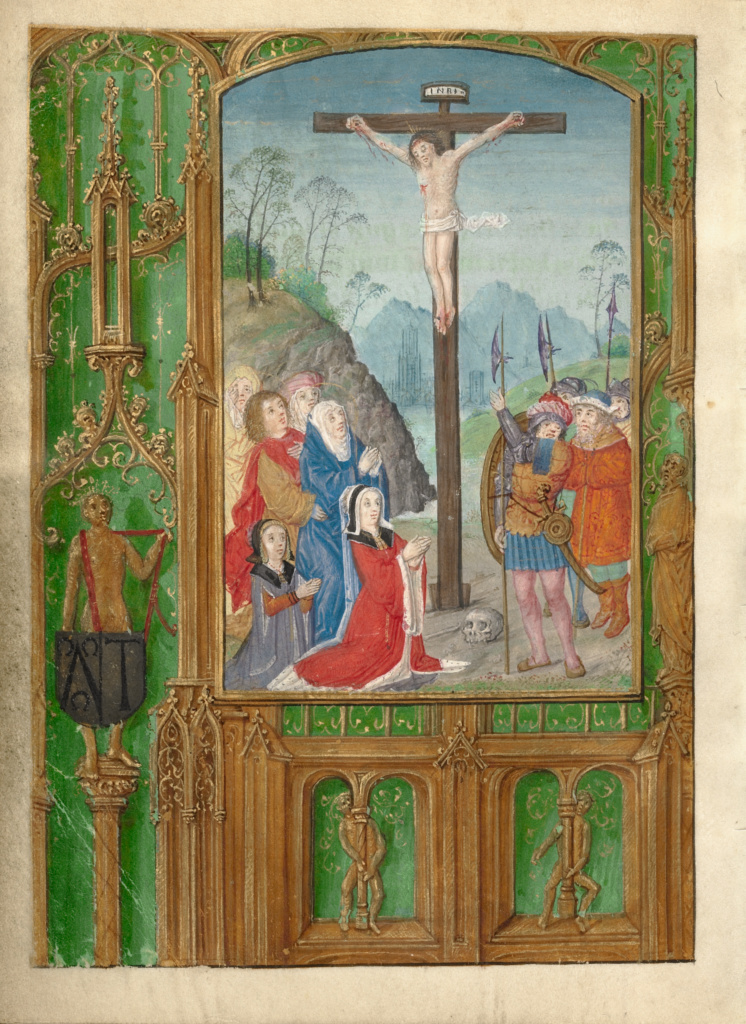 The Crucifixion with a Kneeling Woman; Workshop of Gerard Horenbout (Flemish, 1465 - 1541); about 1500; Tempera colors and gold paint on parchment; Leaf: 15.2 × 11.1 cm (6 × 4 3/8 in.); Ms. Ludwig IX 17 (83.ML.113), fol. 86v; Rights Statement: No Copyright - United States The Crucifixion with a Kneeling Woman; Workshop of Gerard Horenbout (Flemish, 1465 - 1541); about 1500; Tempera colors and gold paint on parchment; Leaf: 15.2 × 11.1 cm (6 × 4 3/8 in.); Ms. Ludwig IX 17 (83.ML.113), fol. 86v; Rights Statement: No Copyright - United States