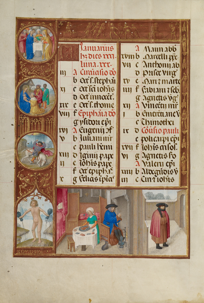Feasting and Warming; Zodiacal Sign of Aquarius; Workshop of the Master of James IV of Scotland (Flemish, before 1465 - about 1541); Ghent Belgium Bruges Belgium; about 1510 - 1520; Tempera colors, gold, and ink on parchment; Leaf: 23.2 x 16.7 cm (9 1/8 x 6 9/16 in.); Ms. Ludwig IX 18, fol. 1v No description of this image is available.